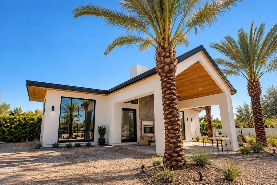 Casita & Guest House: Modern casita exterior and covered patio in desert landscaping