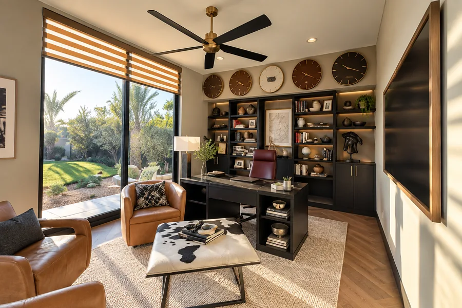 Casita & Guest House: Home office with dark built-in shelving, lounge chairs and full-height garden-facing window