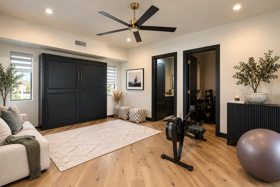 Casita & Guest House: Furnished room with dark wall cabinetry, light wood floor, ceiling fan and exercise equipment