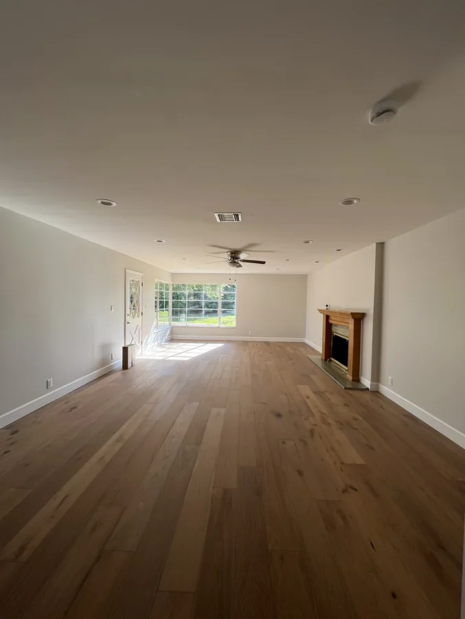 Central Corridor Remodel: Renovated living room with hardwood floor and fireplace